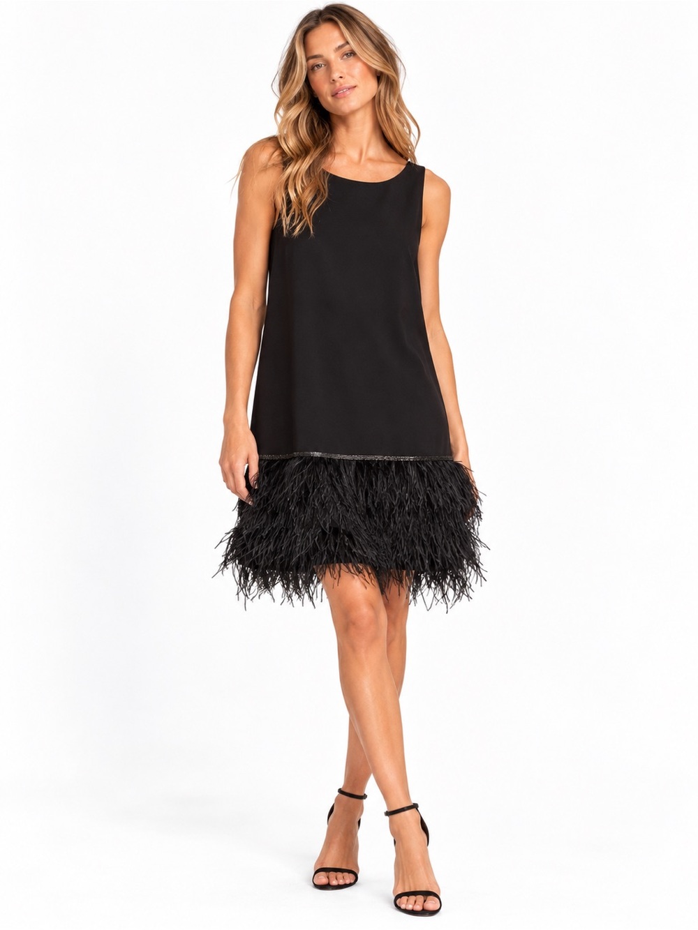 Tahari Black Feather Trim Shift Dress Size 16 Little Black Dress Ostrich Crepe